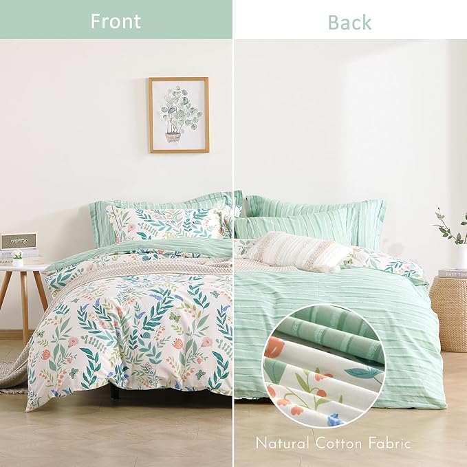 Botanical Cotton Comforter Twin Size 2Pcs - Cute Garden Floral Design with Green Leaves & Coral and Pink Flowers,Sage Striped Reverse,Lightweight Reversible Bedding Sets(Twin,68"×90")