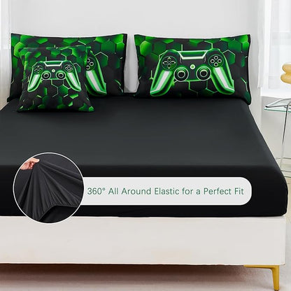 URBONUR Black Green Game Comforter Set Full Size for Boys Cool Tech Style Teen Room Decor 6Pcs Bed-in-a-Bag with Sheet Set Soft Lightweight Kids Bedding for All Seasons