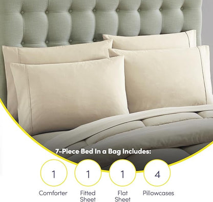 Sweet Home Collection 7 Piece Comforter Set Bag Solid Color All Season Soft Down Alternative Blanket & Luxurious Microfiber Bed Sheets, Beige, Queen
