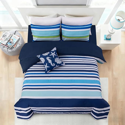 Holawakaka Beach Stripe Bedding Sets 6 Pieces, Navy Blue Coastal Striped Comforter Set King Size All Season Geometric Bed Set, Nautical Bed in a Bag with Comforter,Sheets and Shams