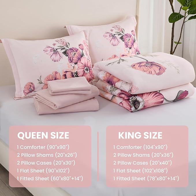 Queen Comforter Set - 7 Pieces Bed in a Bag Pink Floral Queen Comforter Set with Sheets, Soft Microfiber Flower Complete Bedding Set for All Seasons（Pink,90"x90"）
