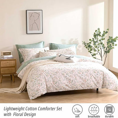 Faded Blush Floral Cotton Comforter Queen Size - 3PC Lightweight Bedding Sets with Soft Alternative Fill, Vintage-Inspired Delicate Botanical Patterns, Muted Sage Reversible Design