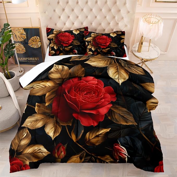 Floral Comforter Set Queen Black Red Botanical Flower Bedding Set Modern Aesthetic Bedding Sets Soft Lightweight Microfiber Comforter Sets for All Season
