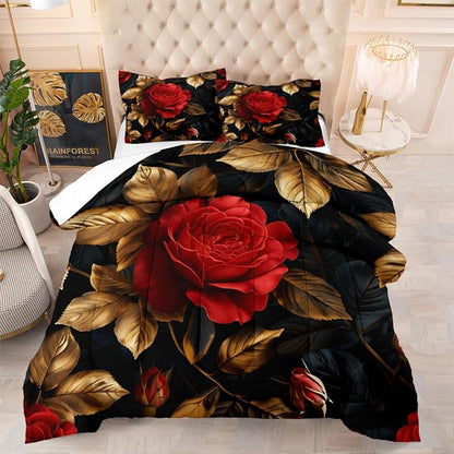 Floral Comforter Set Queen Black Red Botanical Flower Bedding Set Modern Aesthetic Bedding Sets Soft Lightweight Microfiber Comforter Sets for All Season