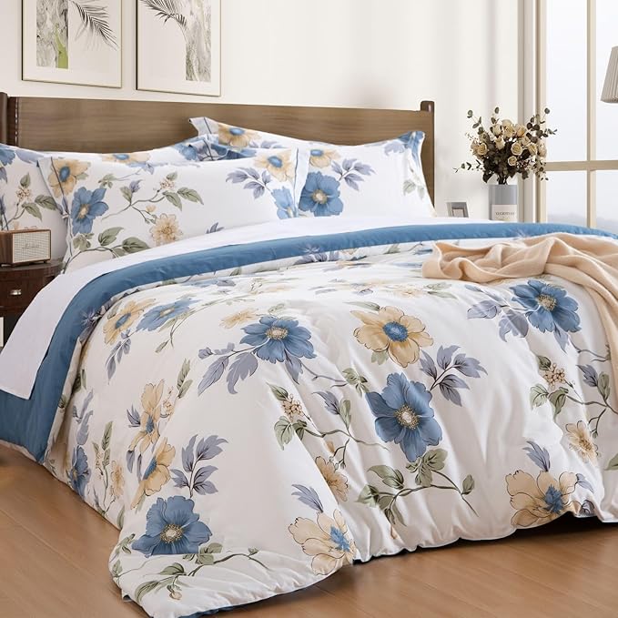 Cotton Comforter Queen Size Set – White Blue Floral Cotton Shell Bedding, Soft & Breathable, All-Season Down-Alternative Fill, Includes 1 Comforter & 1 Pillow Sham