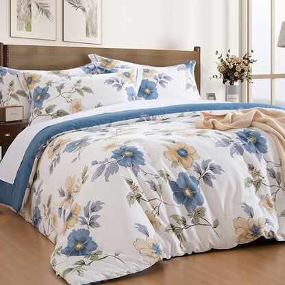 Cotton Comforter Queen Size Set – White Blue Floral Cotton Shell Bedding, Soft & Breathable, All-Season Down-Alternative Fill, Includes 1 Comforter & 1 Pillow Sham