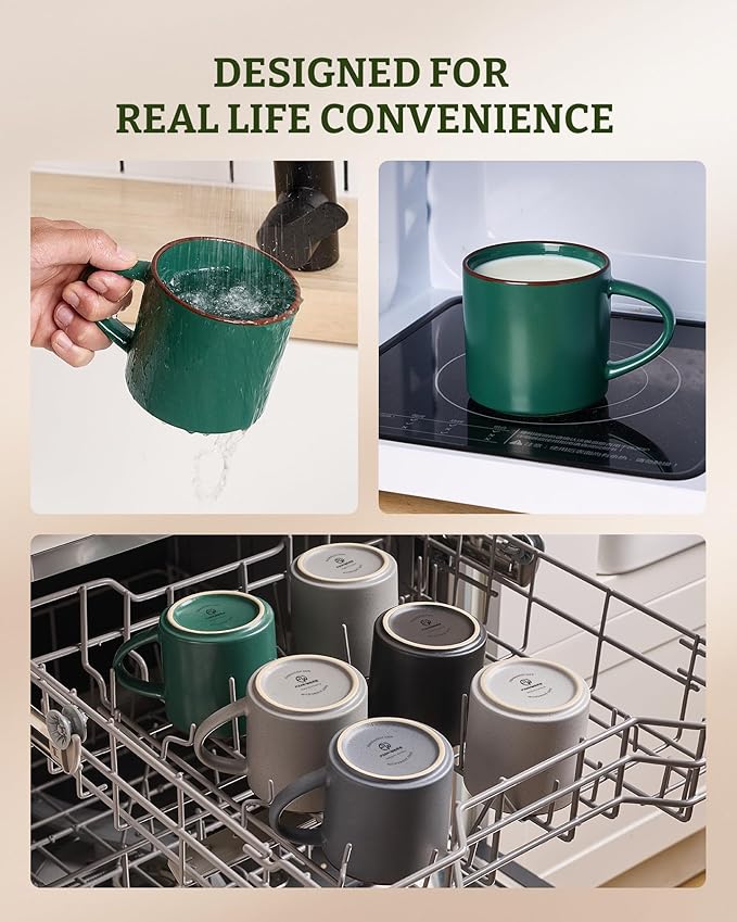 famiware Coffee Mugs Set of 6, Nebula 14oz Coffee Mugs, Ceramic Cup Set with Handle for Latte, Tea, Milk, Cappuccino, Cocoa, Dark Green
