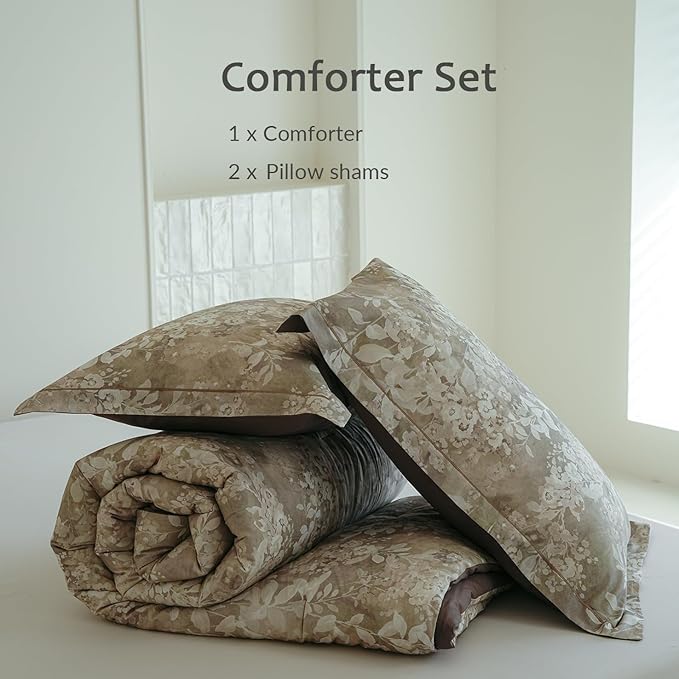 Queen Size Floral Comforter Set, 3Pcs Long Staple Cotton Duvet for All Seasons, Brown Botanical Print Bedding Set with 1 Lightweight Comforter and 2 Pillow Shams