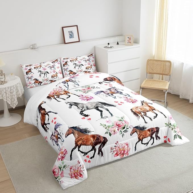 Erosebridal Western Comforter for Kids Boys Girls, Romantic Farm Horse Gifts for Girls, Twin Kawaii Watercolor Horse Bedding Set, Cute Rustic Animal Quilt with 1 Pillowcase Bedroom Decor