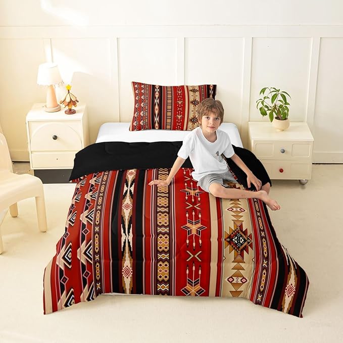 Erosebridal Aztec Bedding Set Ethnic Tribal Arrow Comforter Set,Vintage Southwestern Native Bohemian Quilt Twin,Western Star Duvet Insert Exotic Geometric Diamond Stripes Room Decor,Red and Black