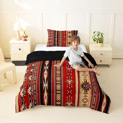 Erosebridal Aztec Bedding Set Ethnic Tribal Arrow Comforter Set,Vintage Southwestern Native Bohemian Quilt Twin,Western Star Duvet Insert Exotic Geometric Diamond Stripes Room Decor,Red and Black