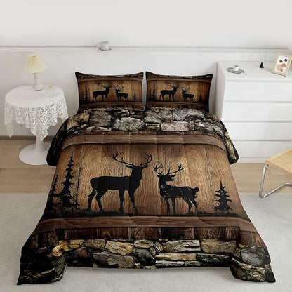 Erosebridal Hunting Deer Comforter Set Rustic Cabin Western Full Bedding Sets for Boys Girls Kids Woodland Wildlife Print Comforter Farmhouse Wooden Stone Decor Quilt Duvet 3 Pcs
