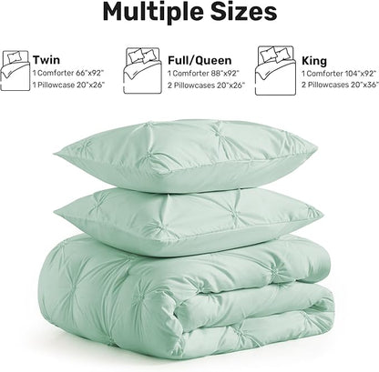 UNIKOME King Size Comforter Set Sage Green - Ultra Soft Boho Pintuck Down Alternative Bedding Set for All Seasons, 3 Pieces Lightweight Warm Pinch Pleat Bed Set with Comforter, 2 Pillowcases