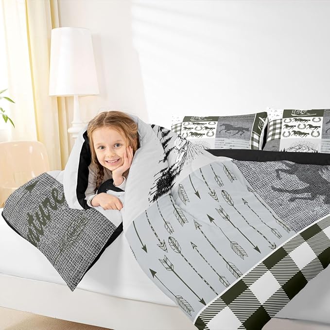 Erosebridal Rustic Horse Bedding Set, Retro Western Cowboy Horseshoe Comforter Set Full, Southwestern Riding Boots Arrow Quilt Rustic Adventure Duvet Insert Cabin Lodge Bedroom Decor, 2 Pillow Cases