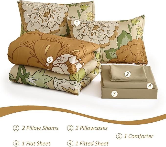 DJY Floral Comforter Set King Size Boho Bed in a Bag 7 Pieces Yellow Botanical Comforter with Sheet Set, Soft Microfiber Farmhouse Bedding Set for All Season (104''x90'')