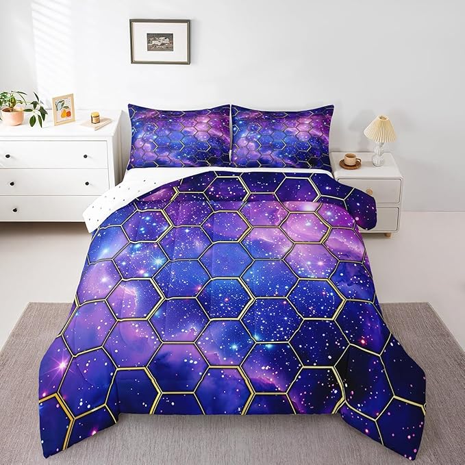 Manfei Blue Galaxy Comforter Set Queen Size, Geometric Hexagon Print Bedding Set 3pcs, Purple Starry Sky Honeycomb Down Comforter for All Season, Kids Boys Girls Room Decor, 2 Pillowcases