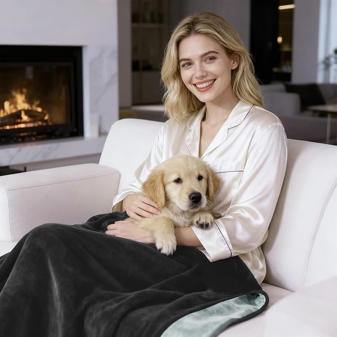 QiyI Waterproof Blanket for Bed Couch Sofa, Small Washable Reversible & Reusable Pet Dog Cat Throw Blanket, Leakproof Stain Resistant Sofa Cover, 40"x60", Black/Light Grey
