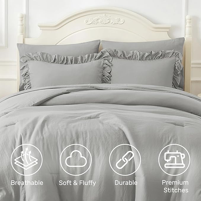 ARTALL Twin Comforter Set Reyna Ruffled Comforter Sets 2 Pieces with 1 Pillow Sham, Vintage Farmhouse Shabby Chic Bedding Soft Fluffy Comforter Set All Season for Teens and Girls, Light Grey
