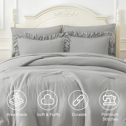 ARTALL Twin Comforter Set Reyna Ruffled Comforter Sets 2 Pieces with 1 Pillow Sham, Vintage Farmhouse Shabby Chic Bedding Soft Fluffy Comforter Set All Season for Teens and Girls, Light Grey
