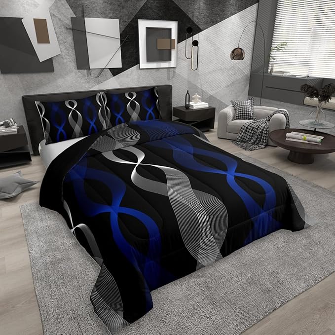 Erosebridal Blue Black Abstract Comforter Set Full for Boys, Blue Striped Bedding Set, Ombre Geometric Stripes Quilt for Men Adults Bedroom, Modern Aesthetic Art Lines Boho Comforter