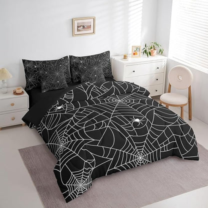 Feelyou Spider Web Comforter Set Queen Size 7 Pcs Halloween Spider Comforter Bed in a Bag Black White Bedding Set for Boys Girls Teens Gothic Bed Set with Sheets, Pillowcases, Pillow Covers
