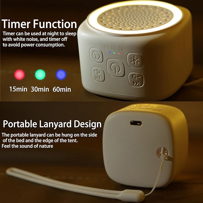 Portable Sound Machine for Baby Adults Travel, 26 Nature Sounds, 9 Color Night Light, Adjustable Volume, 3 Timers Memory Function Mini White Noise Sound Machine for Sleeping Office Privacy Hotel Gift