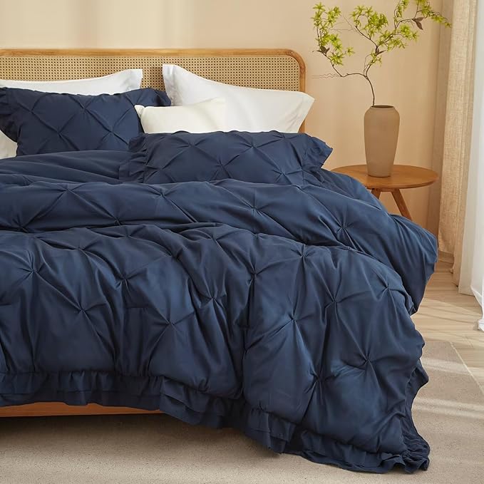 Navy Blue Comforter Sets for All Seasons Twin XL Duvet Insert Ruffled Pinch Pleated 3 Pieces Washed Bed Quilt Set Solid Pintuck Soft Lightweight Bedding Set with 1 Comforter and 2 Pillowcases