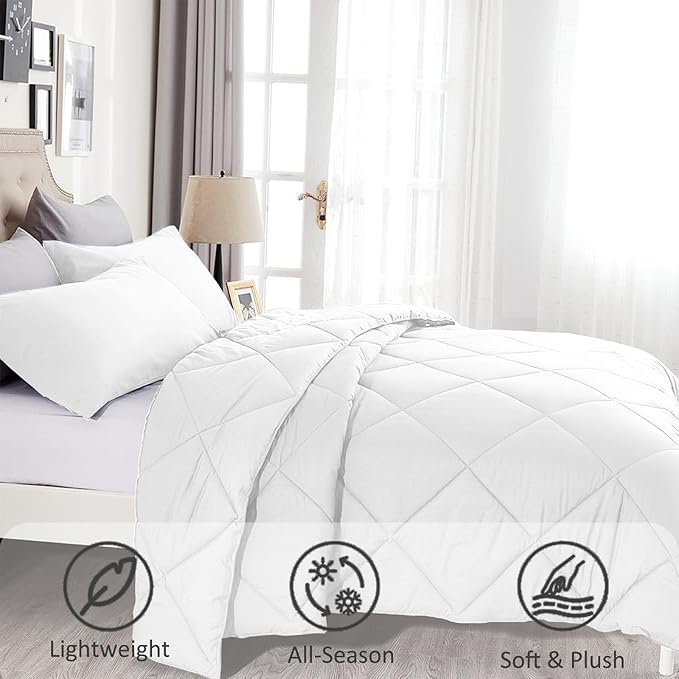 Twin Comforter Set White - 3 Pieces Luxury Soft and Lightweight Down Alternative Bedding Set Fluffy Blanket Quilt for All Season 1 Comforter(68"×86") & 1 Pillow Sham(20"×26")