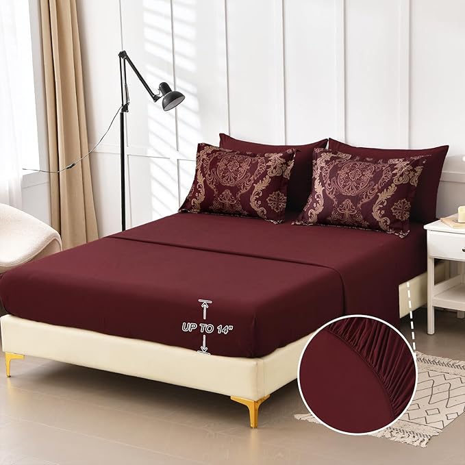 WONGS BEDDING Burgundy Comforter Set King Size, Maroon Damask Texture 7 Pieces Bed in a Bag Polyester Comforter Bedding Sets -1 Comforter, 1 Flat Sheet, 1 Fitted Sheet, 2 Pillow Shams,2 Pillowcases