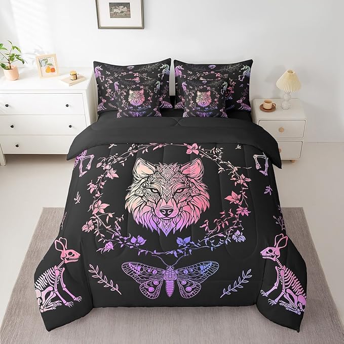 Castle Fairy Wolf Comforter Set Queen Size,Gothic Wild Animals Skeleton 7PCS Bed in a Bag with Comforter,Sheets and Pillow Cases,Exotic Bohemian Flowers Leaves for Kids Boys Girls Bedroom Decor