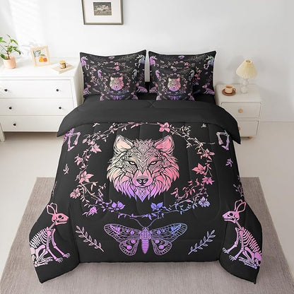 Castle Fairy Wolf Bed Sets in a Bag 7 Pieces,Gothic Wild Animals Skeleton Comforter Set Twin,Exotic Bohemian Flowers Leaves Bedding Set with 1 Comforter,2 Sheets,2 Pillowcases & 2 Throw Pillow Covers