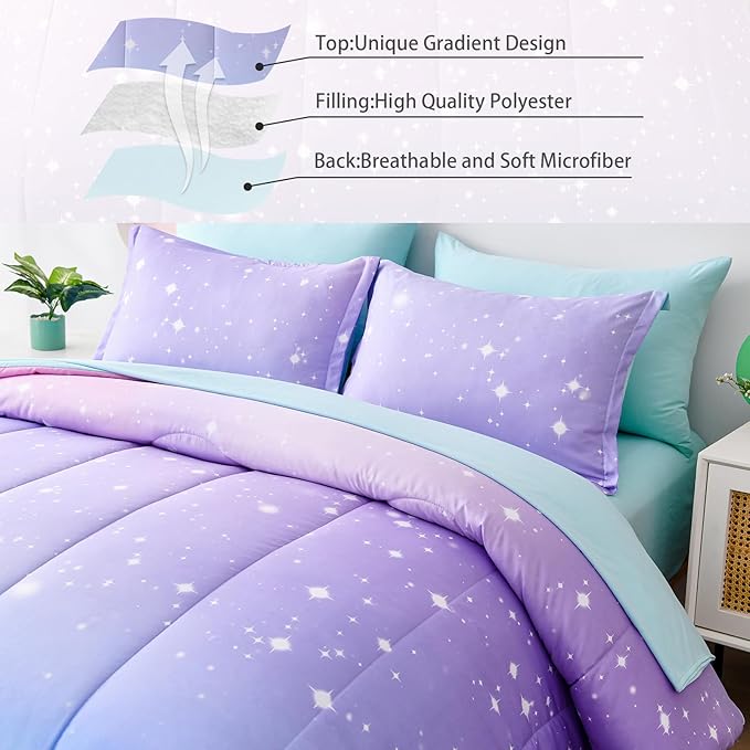 Drucon Rainbow Kids Comforter Set for Girls,6 Pieces Bed in a Bag Twin Size, Ultra Soft Microfiber Bedding Set(1 Comforter, 1 Flat Sheet, 1 Fitted Sheet, 1 Pillow sham, 2 Pillowcases)