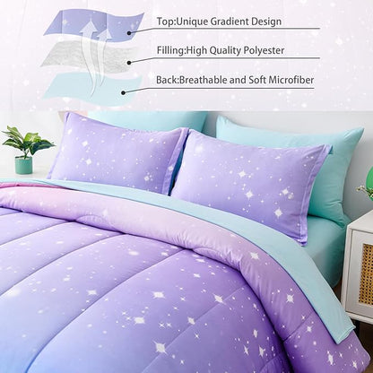 Drucon Rainbow Kids Comforter Set for Girls,6 Pieces Bed in a Bag Twin Size, Ultra Soft Microfiber Bedding Set(1 Comforter, 1 Flat Sheet, 1 Fitted Sheet, 1 Pillow sham, 2 Pillowcases)