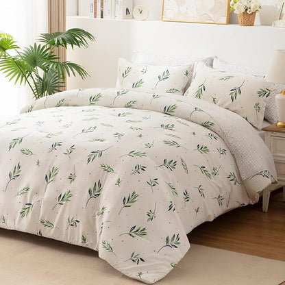 EMME Twin Comforter Set - Sage Green Floral Bedding Sets 5 PCS with Nature Leaves Pattern, Soft Leaf Printed Botanical Bed Set with Sheets, Fluffy Bed Bag for All Season(68"X90")