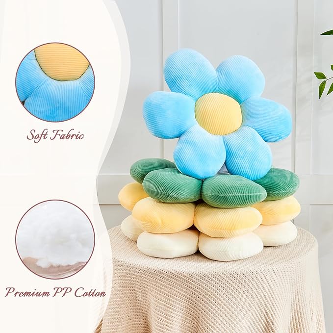 Yellow Flower Pillow, 14.9" Cute Flower Shaped Floor Pillow, Aesthetic Floral Plush Daisy Decorative Throw Pillows for Bed Sofa Couch