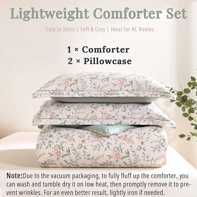 Faded Blush Floral Cotton Comforter King Size - 3PC Lightweight Bedding Sets with Soft Alternative Fill, Vintage-Inspired Delicate Botanical Patterns, Muted Sage Reversible Design
