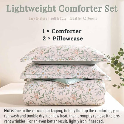 Faded Blush Floral Cotton Comforter King Size - 3PC Lightweight Bedding Sets with Soft Alternative Fill, Vintage-Inspired Delicate Botanical Patterns, Muted Sage Reversible Design
