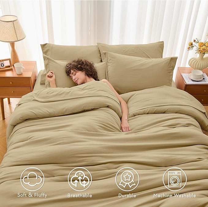 MUXHOMO 7 Pieces Queen Comforter Set, Soft Bed in a Bag Queen Size, All Season Bedding Set with Comforter, Flat Sheet, Fitted Sheet, Pillowcases & Shams, Khaki