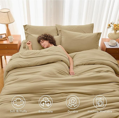 MUXHOMO 7 Pieces Queen Comforter Set, Soft Bed in a Bag Queen Size, All Season Bedding Set with Comforter, Flat Sheet, Fitted Sheet, Pillowcases & Shams, Khaki