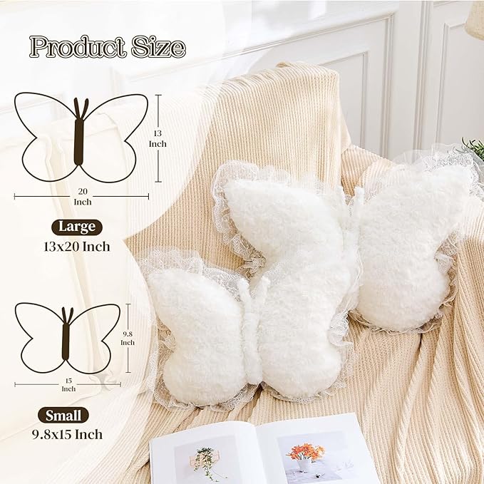 Butterfly Pillow White Decorative Pillows 15" Butterfly Shaped Cute Throw Pillows with Lace Aesthetic Bow Plush Cushion for Room Decor Bed Sofa Couch