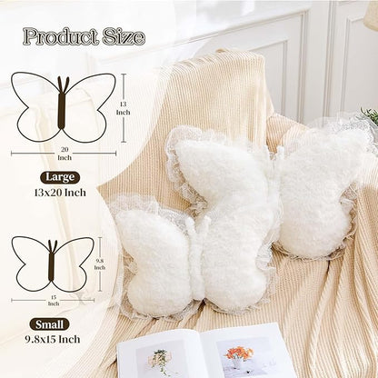 Butterfly Pillow White Decorative Pillows 15" Butterfly Shaped Cute Throw Pillows with Lace Aesthetic Bow Plush Cushion for Room Decor Bed Sofa Couch