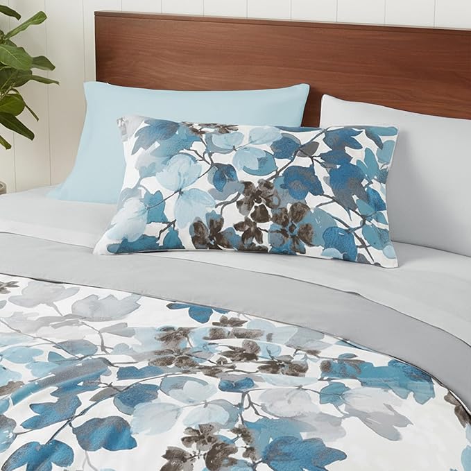 Twin Comforter Set Blue Bed Set, 6 Pieces Cute Floral Bedding Set Ultra Soft Botanical Flowers Comforter, Sheets, Pillowcase & Sham