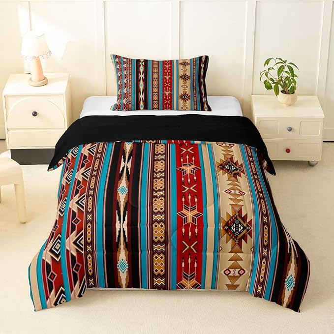 Aztec Bedding Set Ethnic Tribal Arrow Comforter Set,Vintage Southwestern Native Bohemian Quilt Twin,Western Star Duvet Insert Exotic Geometric Diamond Stripes Room Decor,Burnt Sienna Brown