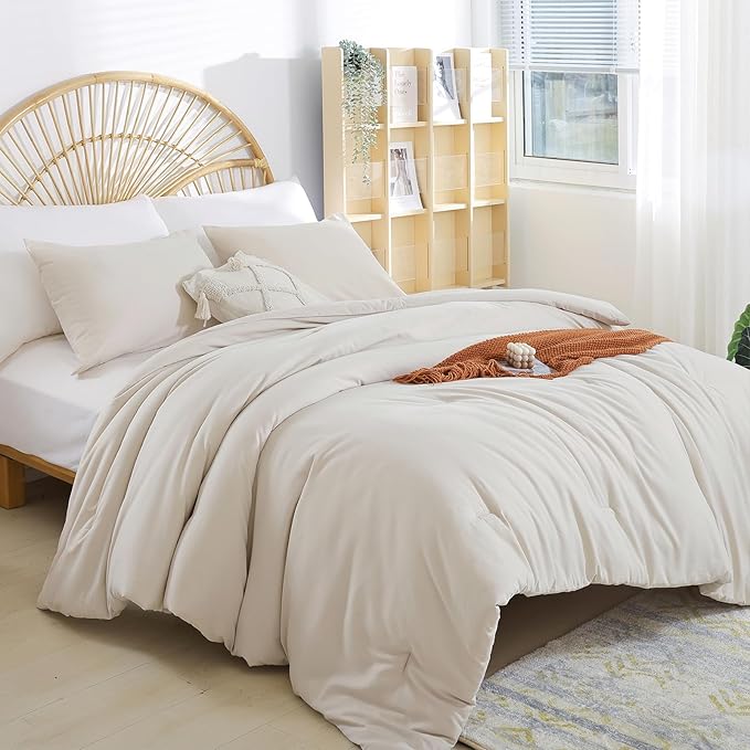 weigelia Beige Comforter Set King Size - 3 Pieces Lightweight Solid Bedding Comforter Set - All Season Fluffy Microfiber Bed Set (1 Comforter, 2 Pillowcases)