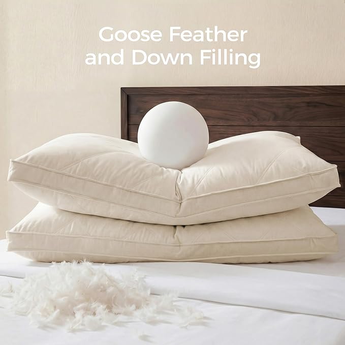 puredown® Goose Feathers and Down Pillows, 100% Organic Cotton Cover, Gusseted Pillow for Sleeping Hotel Collection Bed Pillows, Standard, Set of 2