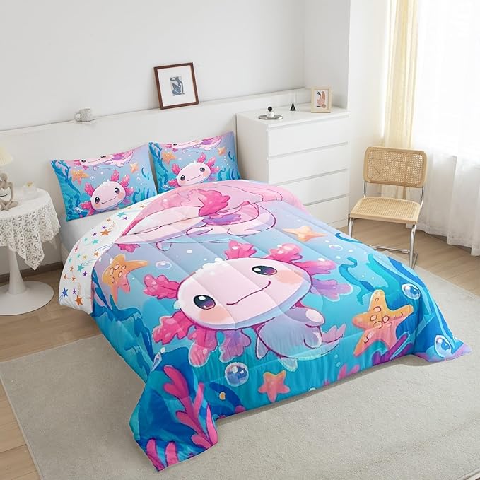 Kawaii Axolotl Kids Bedding Sets Toddler Size,Pink Cute Animal Ocean Sealife Reversible Comforter Set for Bedroom Lovely Cartoon Blue Sea Coral Quilt Set Soft Duvet Insert,1 Pillowcase