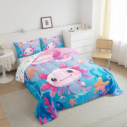 Kawaii Axolotl Kids Bedding Sets Toddler Size,Pink Cute Animal Ocean Sealife Reversible Comforter Set for Bedroom Lovely Cartoon Blue Sea Coral Quilt Set Soft Duvet Insert,1 Pillowcase