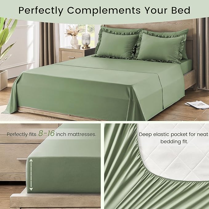 QUIETSEA Full Bed in a Bag 7 Pieces Full Size Comforter Set, Ruffle Shabby Chic Bedding Comforter Set Green Bed Set with Comforter, Pillowcases, Flat Sheet, Fitted Sheet and Pillow Shams
