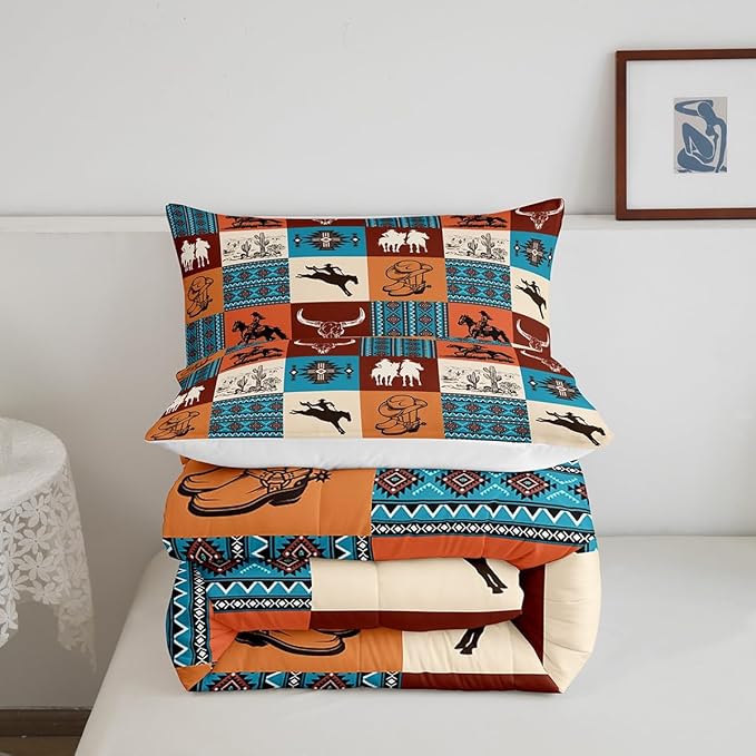 Southwestern Comforter Set King Size,Cowboy Cow Skull Cactus Print Bedding Sets,Aztec Striped Geometric Grid Quilt Set,Kids Girls Boys Adult Room Decor,Vintage Orange Brown Duvet Insert 3Pcs