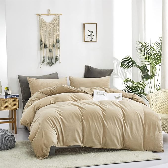 Luxlovery Cream Coffee Velvet Comforter Set King Beige Khaki Flannel Bedding Comforter Minimalist Bedding Set Solid Dark Champagne Blanket Quilts Heavyweight Winter Taupe Color Comforter for King Bed
